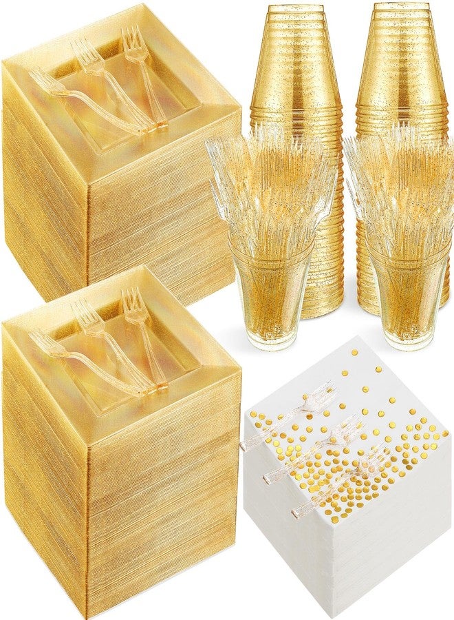 Nosiny 400 Pcs Glitter Dinnerware Set 100 Guests - Square Clear Glitter Plastic Plates Set with Cups Forks Polka Dot Paper Napkins Disposable 6.5 Inch Plates for Wedding Birthday Party(Gold) - Image 1