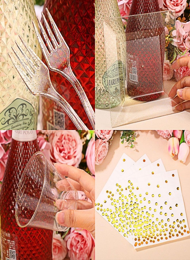 Nosiny 400 Pcs Glitter Dinnerware Set 100 Guests - Square Clear Glitter Plastic Plates Set with Cups Forks Polka Dot Paper Napkins Disposable 6.5 Inch Plates for Wedding Birthday Party(Gold) - Image 3