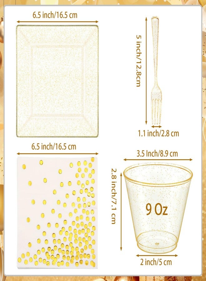 Nosiny 400 Pcs Glitter Dinnerware Set 100 Guests - Square Clear Glitter Plastic Plates Set with Cups Forks Polka Dot Paper Napkins Disposable 6.5 Inch Plates for Wedding Birthday Party(Gold) - Image 2