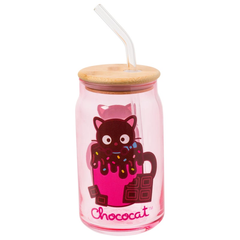 Silver Buffalo Sanrio Hello Kitty & Friends Chococat Chocolate Pink Glass Jar Tumbler with Bamboo Lid and Glass Straw  16 Ounces - Image 1