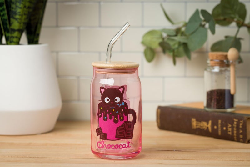 Silver Buffalo Sanrio Hello Kitty & Friends Chococat Chocolate Pink Glass Jar Tumbler with Bamboo Lid and Glass Straw  16 Ounces - Image 4