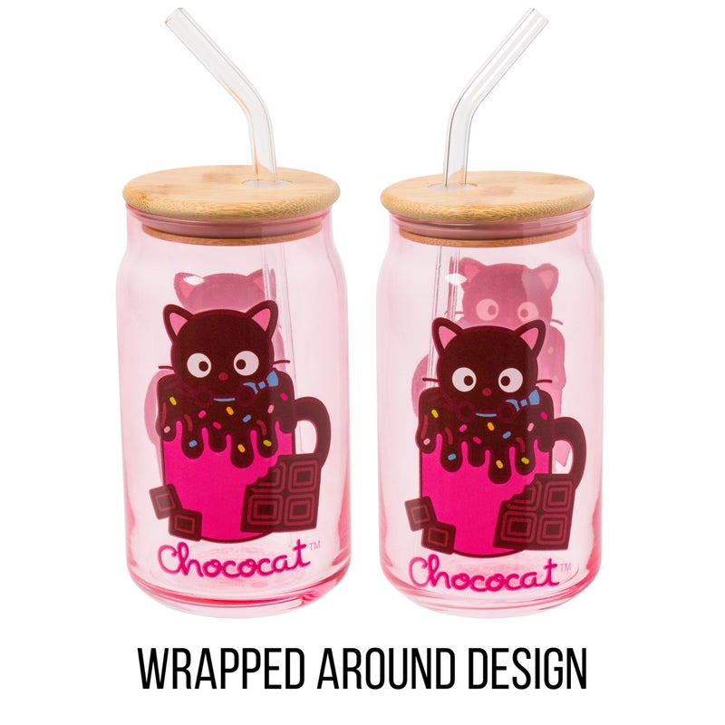 Silver Buffalo Sanrio Hello Kitty & Friends Chococat Chocolate Pink Glass Jar Tumbler with Bamboo Lid and Glass Straw  16 Ounces - Image 2