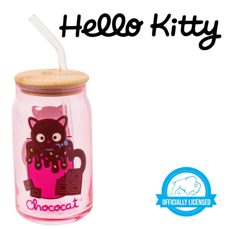 Silver Buffalo Sanrio Hello Kitty & Friends Chococat Chocolate Pink Glass Jar Tumbler with Bamboo Lid and Glass Straw  16 Ounces - Image 5