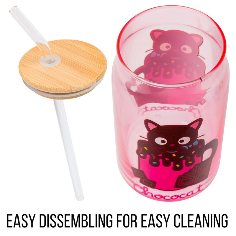 Silver Buffalo Sanrio Hello Kitty & Friends Chococat Chocolate Pink Glass Jar Tumbler with Bamboo Lid and Glass Straw  16 Ounces - Image 3