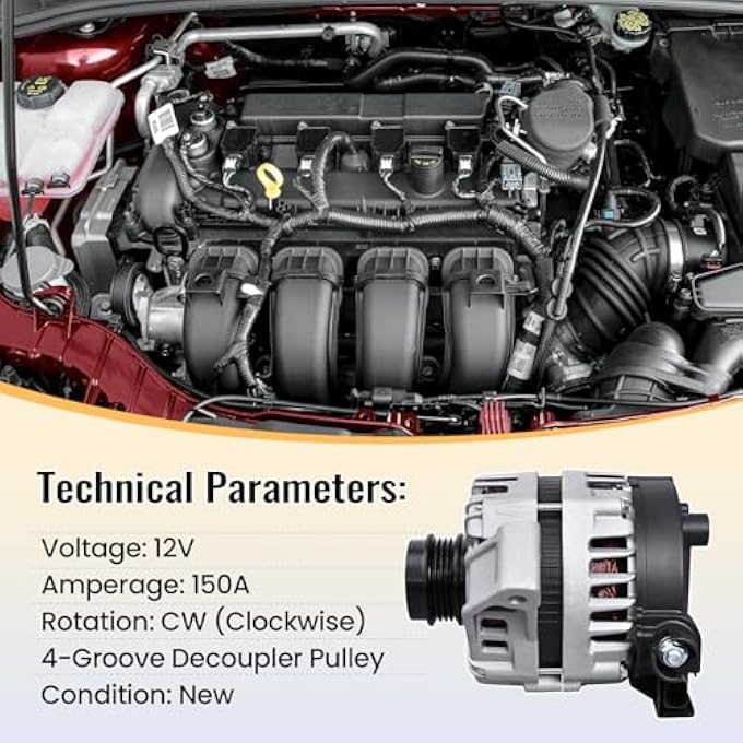 FuseRish BV6T-10300-EA 150A Alternator 12V Compatible with Ford Focus 2012-2018 L4 2.0L, 4-Groove Decoupler Pulley Clockwise, Replace BV6Z-10346-E, BV6T10300EA, BV6Z10346E, 11617, 11653N, FG15S065 - Image 2
