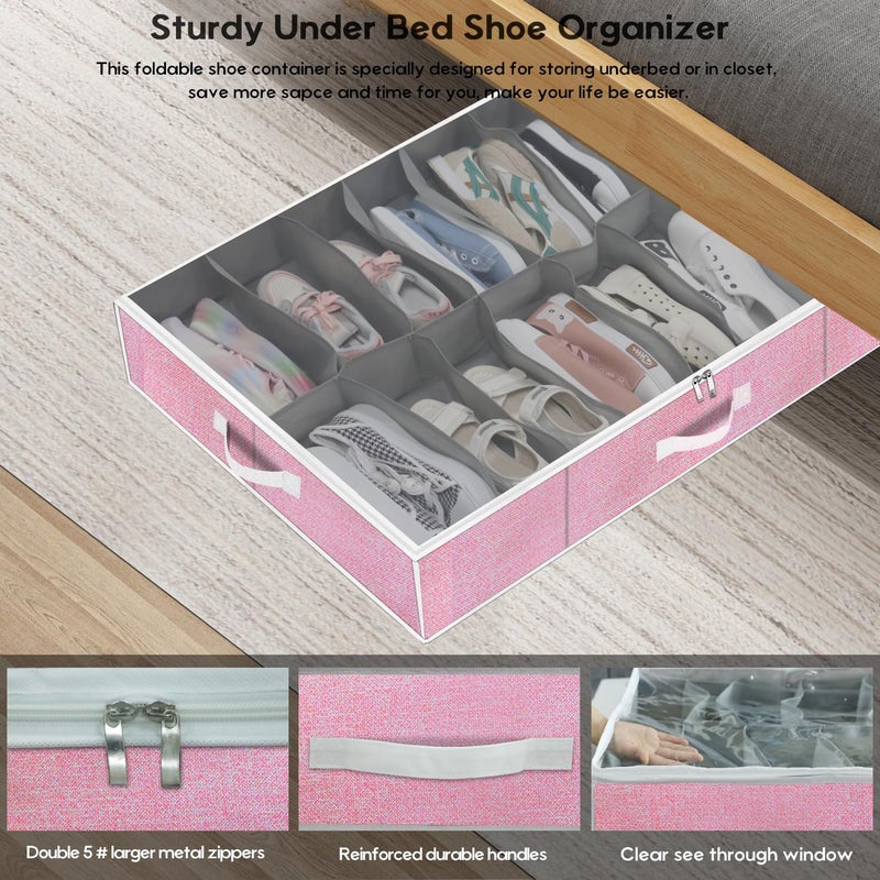 Onlyeasy Large Under Bed Shoe Organizer Container Box, Set of 2, Fit 16 to 32 Pairs of shoes, Underbed Shoes Closet Storage Solution, L37.7x W23.6x H5.9 inch, Cotton-like Pink, MXPUBS16P2 - Image 4