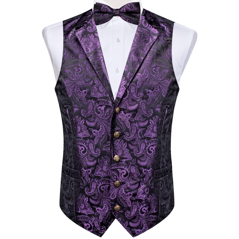 DiBanGu Silk Paisley Vest for Men Wedding Waistcoat and Necktie Bowtie Lapel Pin Set 7PCS Dress Vests for Suit or Tuxedo, Dark Purple, Large - Image 4