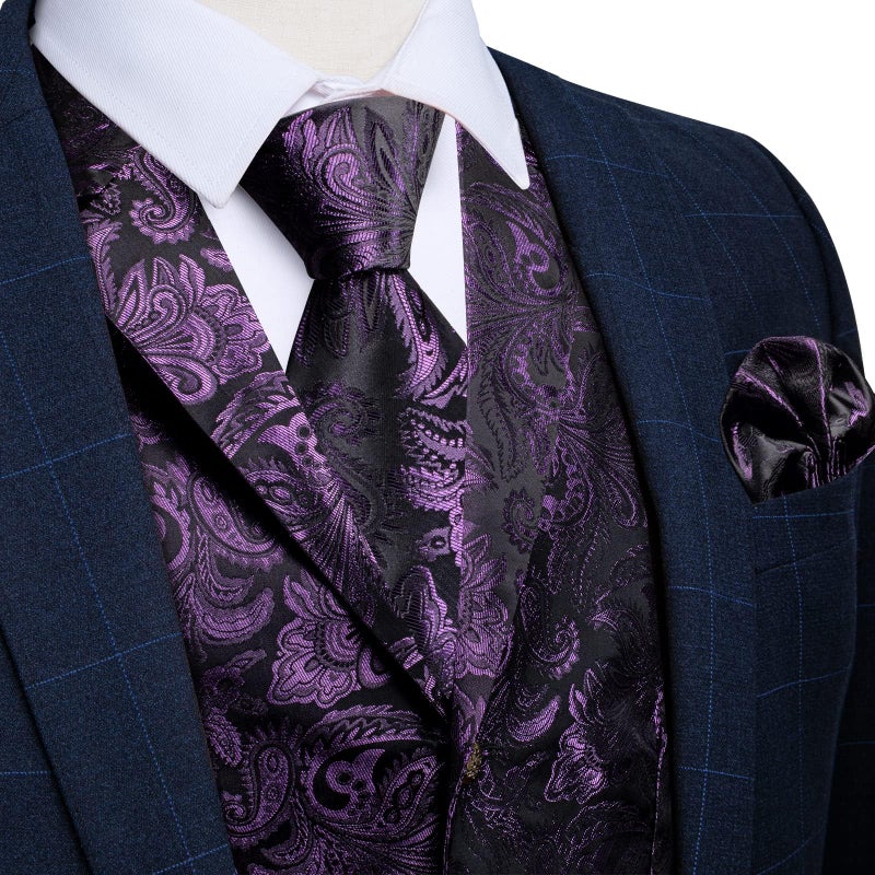 DiBanGu Silk Paisley Vest for Men Wedding Waistcoat and Necktie Bowtie Lapel Pin Set 7PCS Dress Vests for Suit or Tuxedo, Dark Purple, Large - Image 2