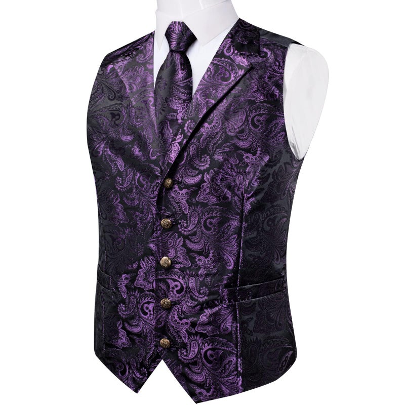 DiBanGu Silk Paisley Vest for Men Wedding Waistcoat and Necktie Bowtie Lapel Pin Set 7PCS Dress Vests for Suit or Tuxedo, Dark Purple, Large - Image 3