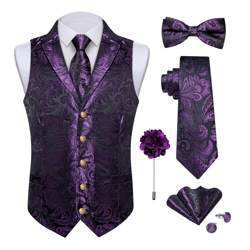 DiBanGu Silk Paisley Vest for Men Wedding Waistcoat and Necktie Bowtie Lapel Pin Set 7PCS Dress Vests for Suit or Tuxedo, Dark Purple, Large - Image 1