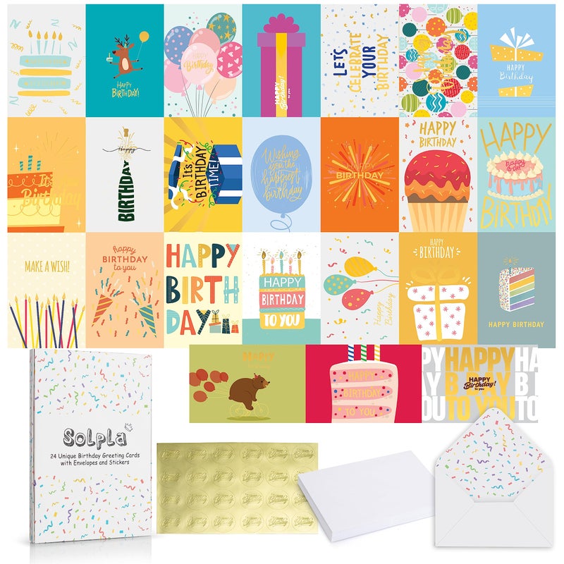 Solpla 24 Pack Unique Gold Foil Birthday Cards with Envelopes & Stickers | 4x6 Inches Blank Happy Birthday Cards Assortment in Bulk for Family, Kids, Friends, Work & Office Celebrations. - Image 1
