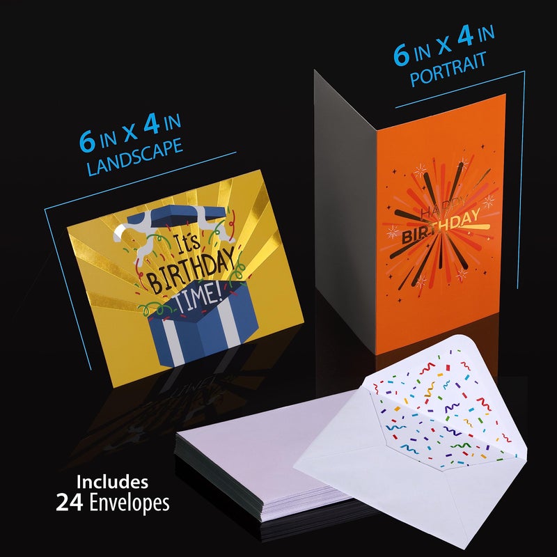 Solpla 24 Pack Unique Gold Foil Birthday Cards with Envelopes & Stickers | 4x6 Inches Blank Happy Birthday Cards Assortment in Bulk for Family, Kids, Friends, Work & Office Celebrations. - Image 3