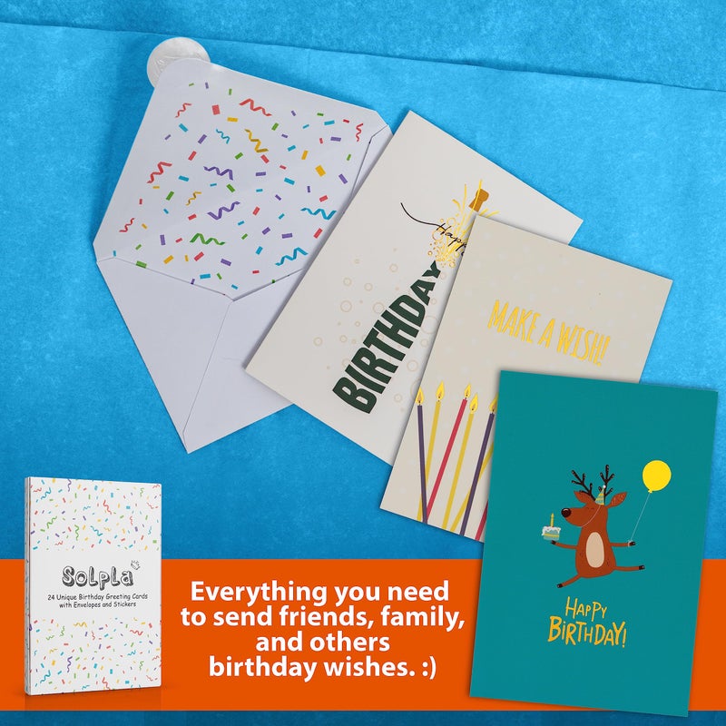 Solpla 24 Pack Unique Gold Foil Birthday Cards with Envelopes & Stickers | 4x6 Inches Blank Happy Birthday Cards Assortment in Bulk for Family, Kids, Friends, Work & Office Celebrations. - Image 5