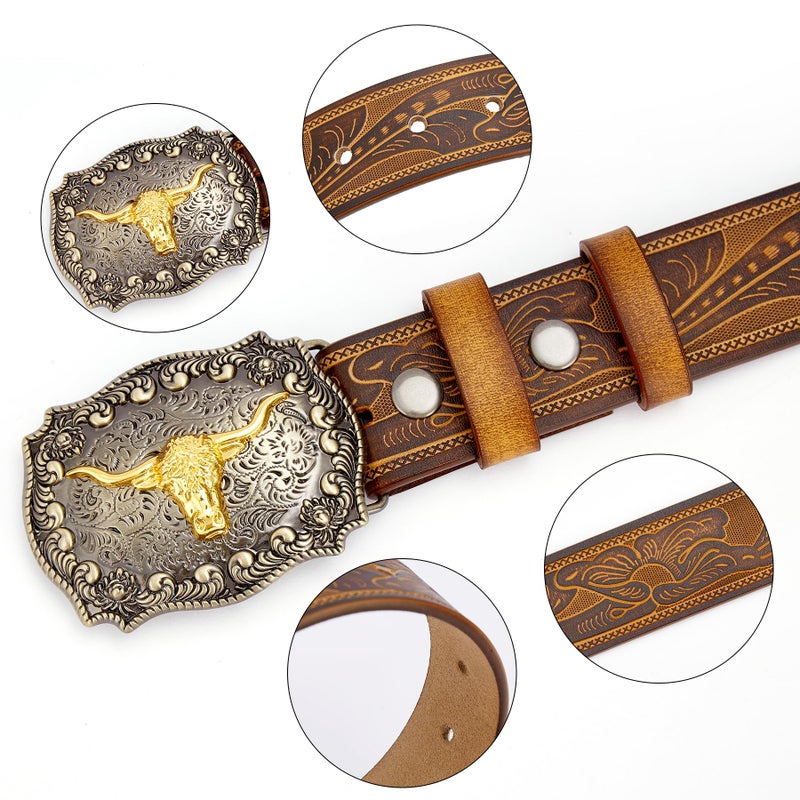 BISON DENIM Men's Western Double Embossed Leather Belts with Golden Cowboy Longhorn Bull Pattern Floral Engraved Buckle Belt - Image 2