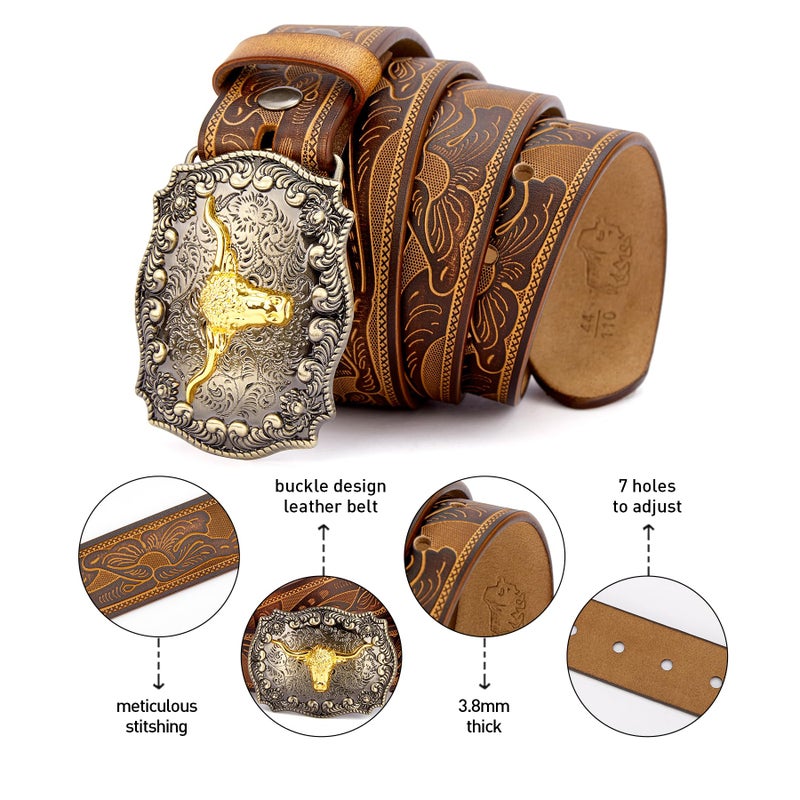 BISON DENIM Men's Western Double Embossed Leather Belts with Golden Cowboy Longhorn Bull Pattern Floral Engraved Buckle Belt - Image 5