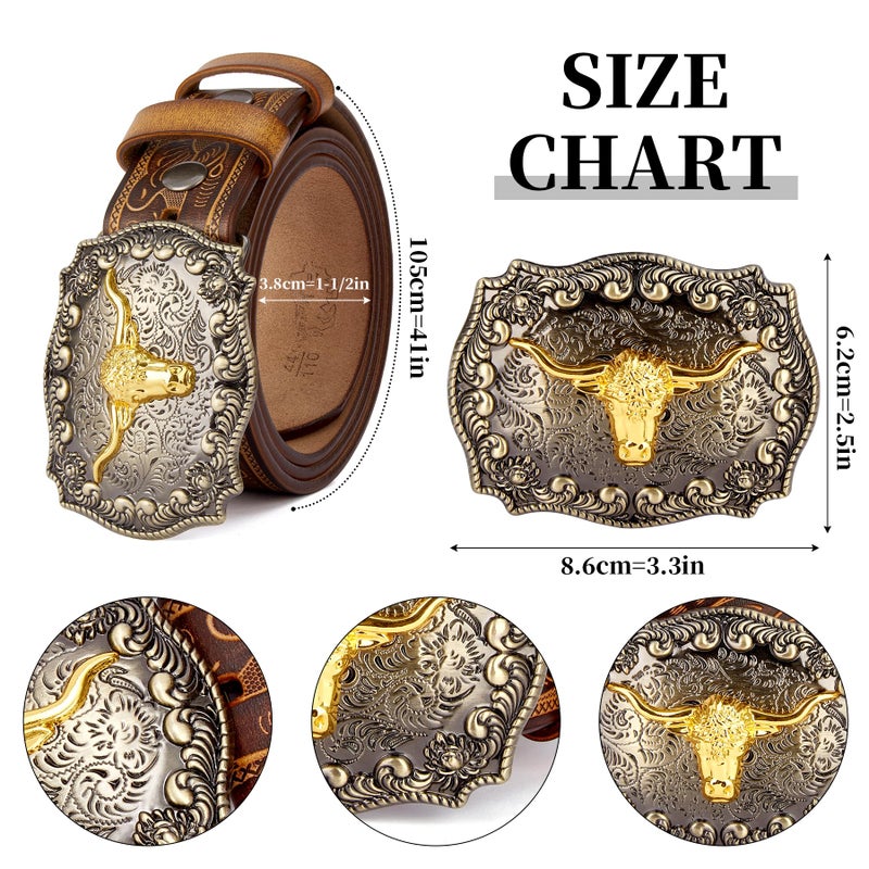 BISON DENIM Men's Western Double Embossed Leather Belts with Golden Cowboy Longhorn Bull Pattern Floral Engraved Buckle Belt - Image 4