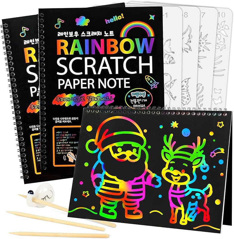 Mocoosy Scratch Art - 3 Large Rainbow Scratch Art Notebooks Sheets of Magic Scratch Paper Art and Crafts for Children with 4 Painting Stencils, 3 Wooden Styluses, a Stylus Holder