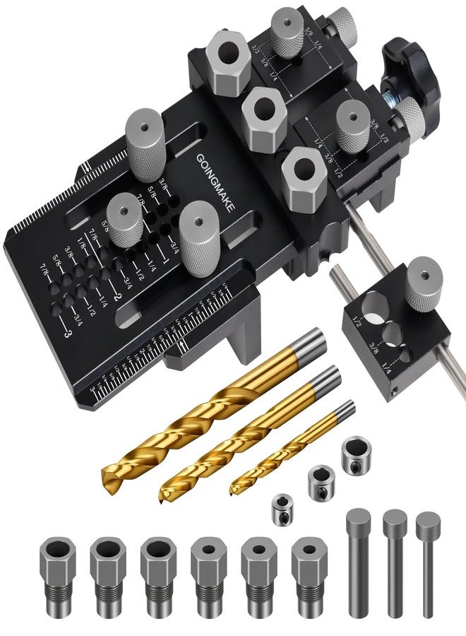 GOINGMAKE Dowel Jig Kit with Quick Positive Stop and Clamp, Adjustable Doweling Jig for Drill 1/4, 3/8 and 1/2 Inch Accurate Straight Dowel Holes, Fit Any Thickness Wood Joints, for Cabinet, Furniture - Image 1
