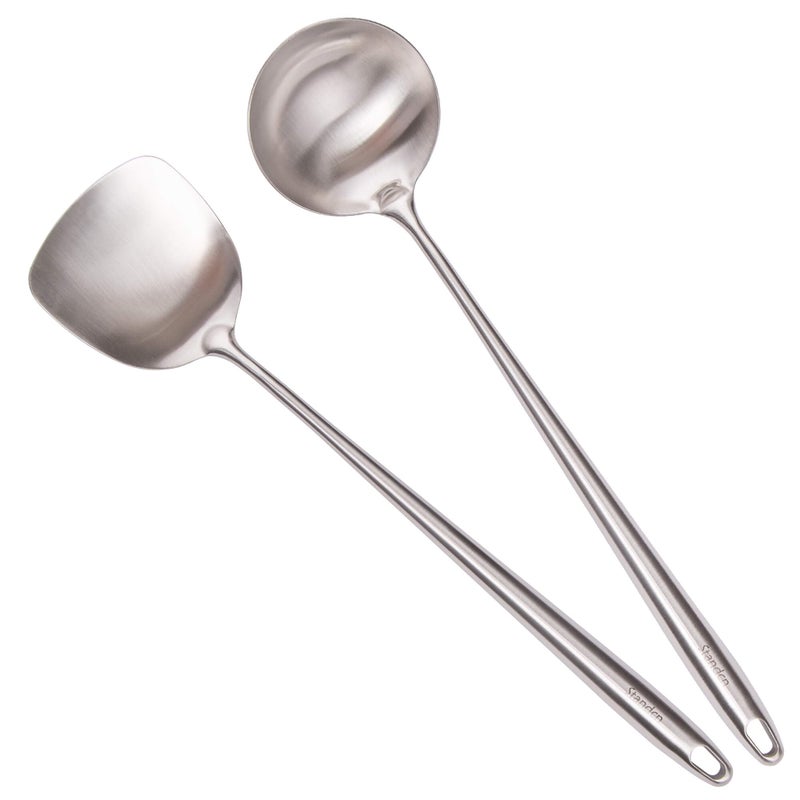17 Wok Spatula and Ladle  304 Stainless Steel Wok Tools Set 2Pieces Extra Long Handle Cooking Tools All Metal Wok Utensils and Wok Accessories for Cast IronCarbon Steel Wok