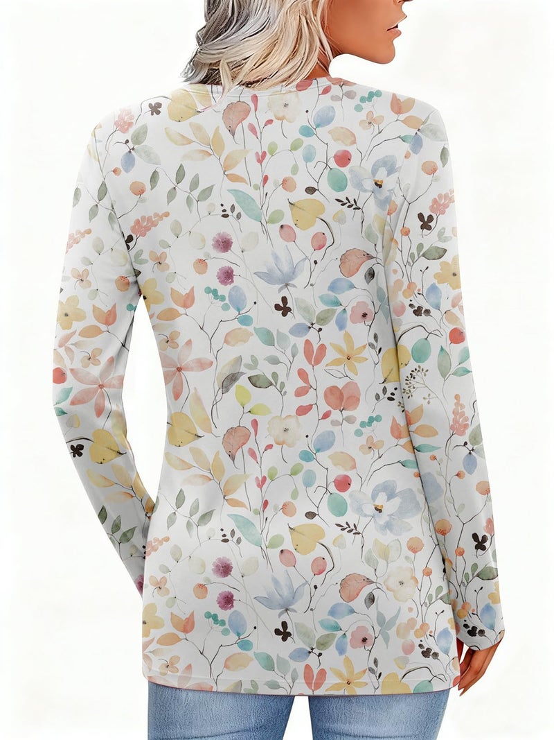 FMEYOA Women's Fall Long Sleeve Tunic Tops for Leggings Pleated V Neck Button Casual Blouse Graphic Printed Sweatshirt White Flower - Image 3
