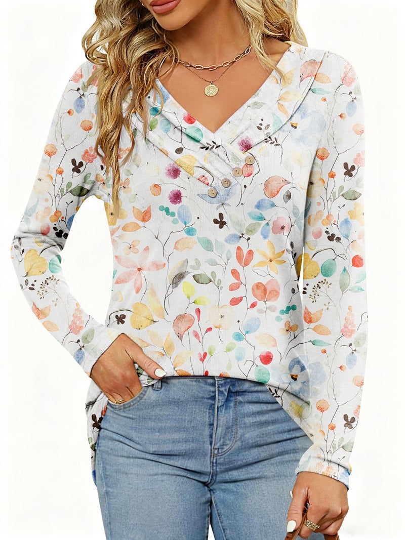 FMEYOA Women's Fall Long Sleeve Tunic Tops for Leggings Pleated V Neck Button Casual Blouse Graphic Printed Sweatshirt White Flower - Image 2