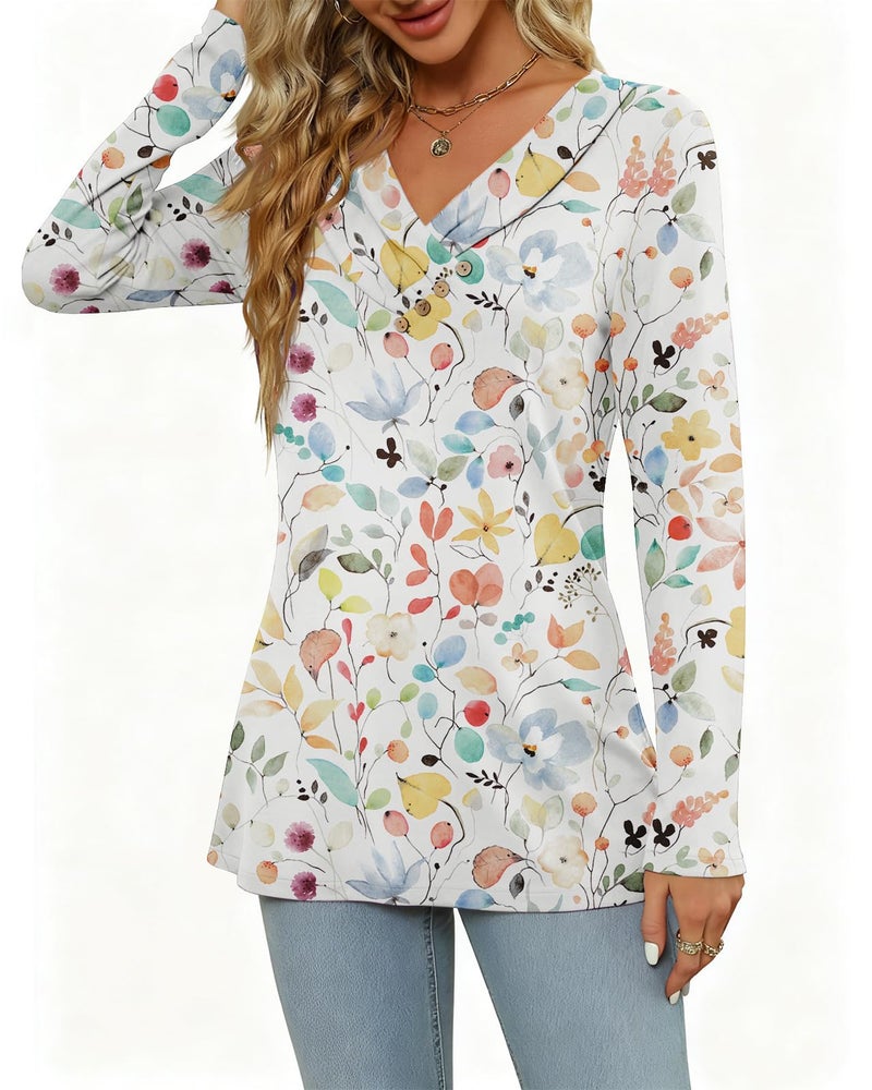 FMEYOA Women's Fall Long Sleeve Tunic Tops for Leggings Pleated V Neck Button Casual Blouse Graphic Printed Sweatshirt White Flower - Image 4