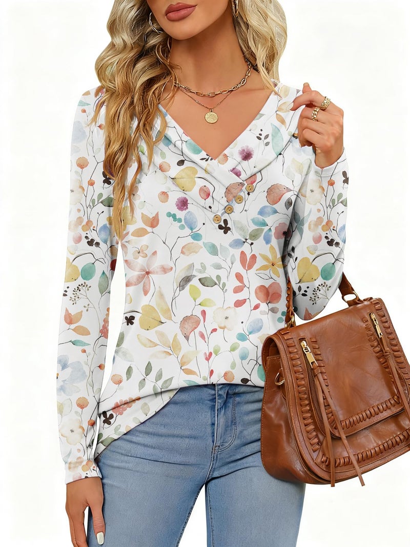 FMEYOA Women's Fall Long Sleeve Tunic Tops for Leggings Pleated V Neck Button Casual Blouse Graphic Printed Sweatshirt White Flower - Image 5