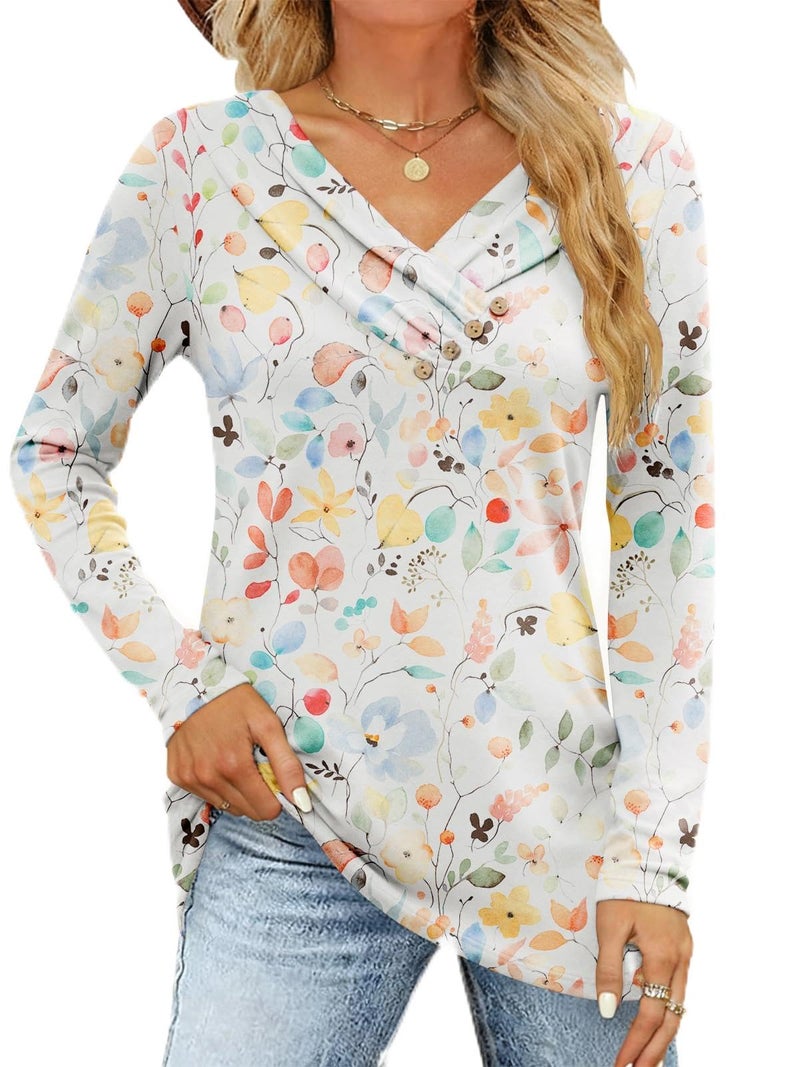 FMEYOA Women's Fall Long Sleeve Tunic Tops for Leggings Pleated V Neck Button Casual Blouse Graphic Printed Sweatshirt White Flower - Image 1