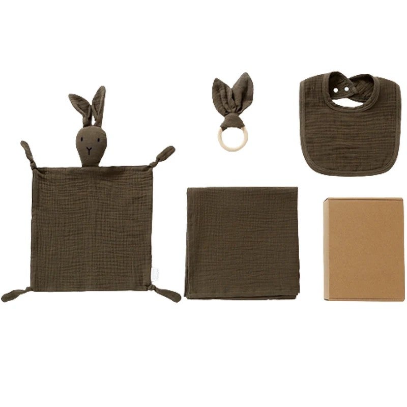 Y&D 100% Cotton Muslin Swaddle Blanket Set: Bunny Teether Toy & Bibs - Newborn Swaddlers Gift - Image 1