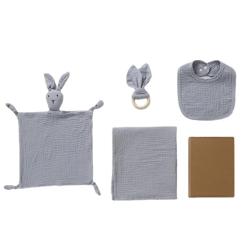 Y&D 100% Cotton Muslin Swaddle Blanket Set: Bunny Teether Toy & Bibs - Newborn Swaddlers Gift - Image 3