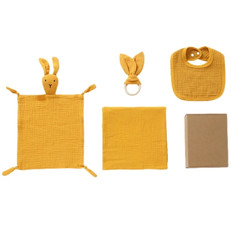 Y&D 100% Cotton Muslin Swaddle Blanket Set: Bunny Teether Toy & Bibs - Newborn Swaddlers Gift - Image 4
