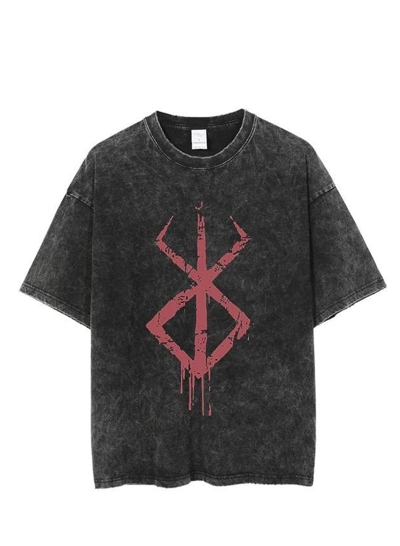 Men's new washed old dark anime print street retro t-shirt street trendy round neck short-sleeved t-shirt - Image 1