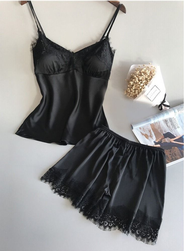 MARGOUN Women Satin Cami Top and Short Set 2-Piece Lingerie Pajama Set Nightwear Sleepwear Lounge Pjs Set Medium Black /M(bust:82/waist:66)  - Image 3