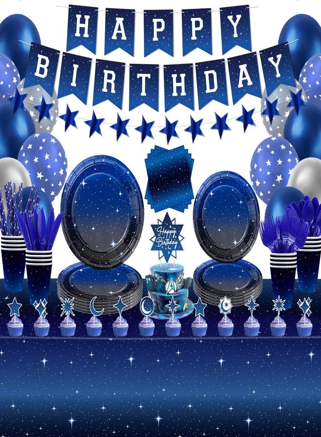 Inspireyee 221 Pack Space Galaxy Party Supplies Ramadan Decoration Starry Night Tableware Set Space Birthday Banner Star Garlands Outer Tablecloth Galaxy Planet Themed Birthday Party Decorations Serves 20 - Image 1