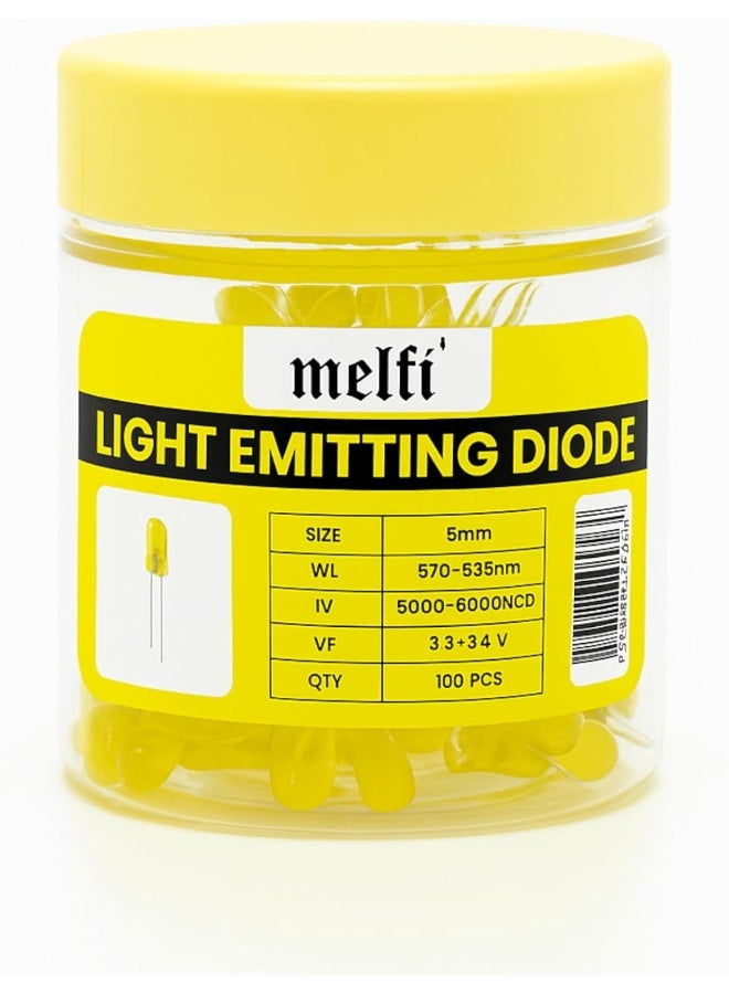 melfi 100pcs 5mm LED Diode Lights – WL 520–525nm, IV 5000–6000 MCD, VF 3.2–3.4V – Bright LEDs for Science Experiments, DIY Projects, Indicators & Decorations (YELLOW) - Image 1