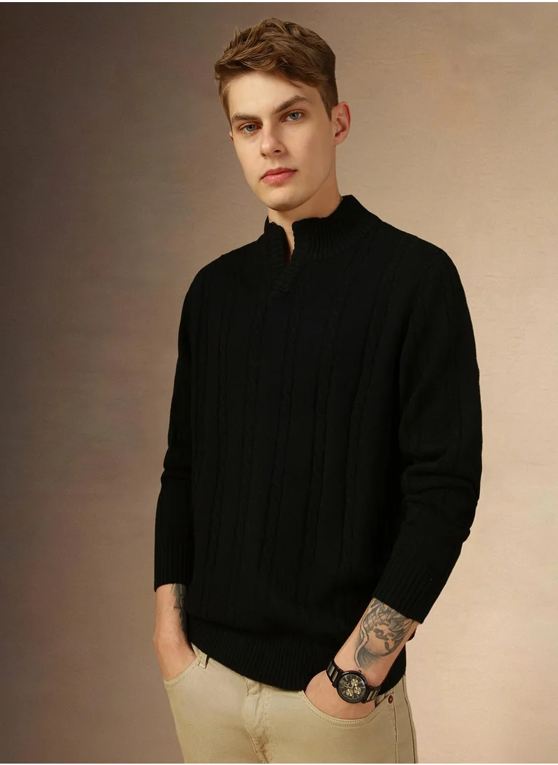 Dennis Lingo Men's Black 100% Acrylic Solid Regular Fit Sweater