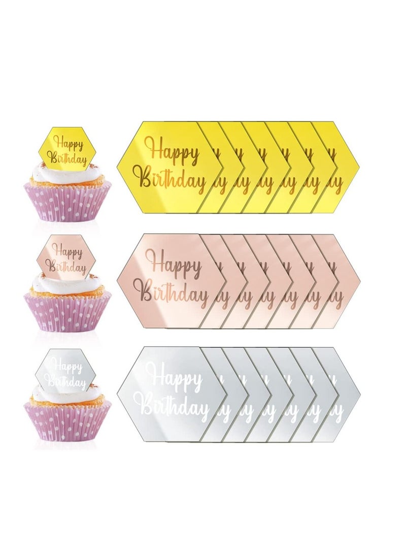 Excefore Happy Birthday Cake Disc, 21Pcs Mini Acrylic Cupcake Toppers, Mirror Acrylic Cake Topper, Suitable for Birthday Party DIY Cupcake Decoration (Hexagon, 21) - Image 1