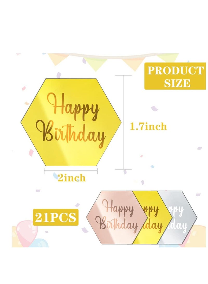 Excefore Happy Birthday Cake Disc, 21Pcs Mini Acrylic Cupcake Toppers, Mirror Acrylic Cake Topper, Suitable for Birthday Party DIY Cupcake Decoration (Hexagon, 21) - Image 5