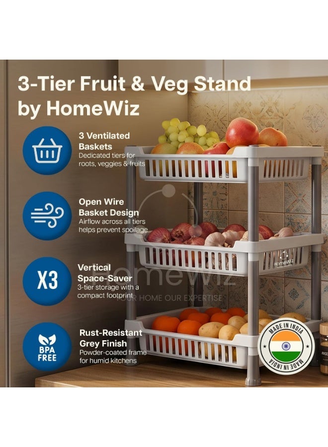 HomeWiz رف مطبخ HomeWiz مكون من 3 طبقات | حامل بلاستيكي متين للغاية يدوم مدى الحياة | عربة تخزين للمطبخ | رف للبصل والبطاطس | رف تخزين متعدد الاستخدامات للفواكه والخضروات | حامل مطبخ متين - Image 3