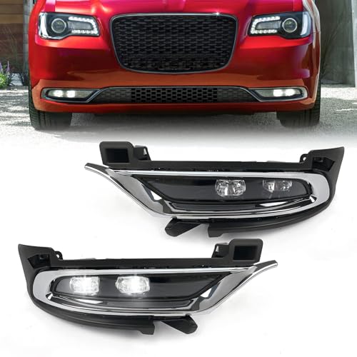 VLINCAR Fog Lights Compatible with Chrysler 300 2015 2016 2017 2018 2019 2020 2021 2022 2023 2024 LED Daytime Running Lamps w/Trim Bezels Left Driver & Right Passenger Side 68294009AA 68294008AA - Image 1