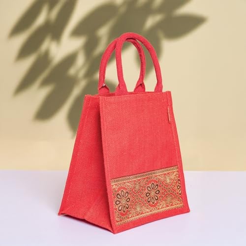 Jute Cottage Eco-Friendly Lunch, Tiffin & Tote Bag for Men | Red Printed Jute Carry Bag with Zip | Handcrafted Sustainable Bag for Office, Travel, Daily Use - Image 2