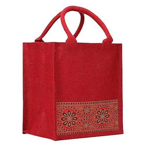 Jute Cottage Eco-Friendly Lunch, Tiffin & Tote Bag for Men | Red Printed Jute Carry Bag with Zip | Handcrafted Sustainable Bag for Office, Travel, Daily Use - Image 1