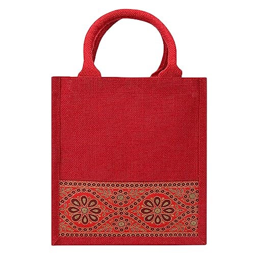 Jute Cottage Eco-Friendly Lunch, Tiffin & Tote Bag for Men | Red Printed Jute Carry Bag with Zip | Handcrafted Sustainable Bag for Office, Travel, Daily Use - Image 3
