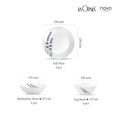 La Opala Novo Collection Opal Glass Crockery | for Family of 4 | Dinner Set 10 pcs English Lavender | Plates & Bowls for Dining | Microwave Safe | 100% Vegetarian | Extra Strong | Light & White - Image 3