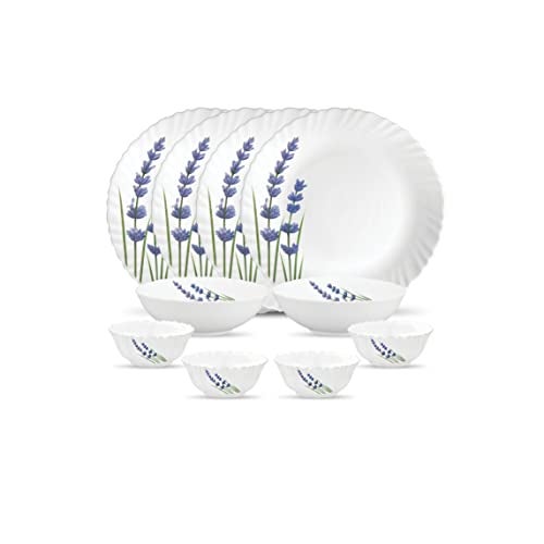 La Opala Novo Collection Opal Glass Crockery | for Family of 4 | Dinner Set 10 pcs English Lavender | Plates & Bowls for Dining | Microwave Safe | 100% Vegetarian | Extra Strong | Light & White - Image 1