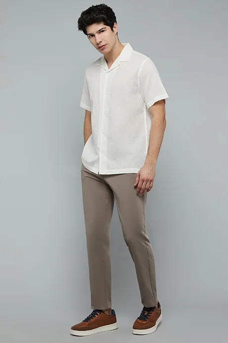 أر أند بي Textured Shirt with Revere Collar and Short Sleeves