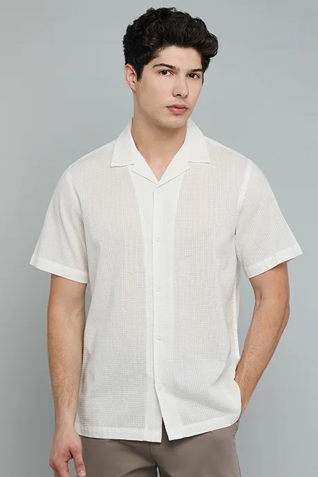 أر أند بي Textured Shirt with Revere Collar and Short Sleeves
