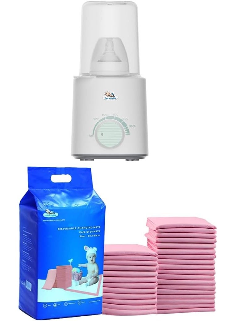 Cute 'n' Cuddle Electric Portable Milk Warmer + Disposable Baby Changing Mats (180 Pack, Pink) – Dual Heating Bottle Warmer with Glass Lid, BPA-Free, Travel-Friendly Ultra Absorbent Waterproof Diaper Liners 60x90cm. - Image 1