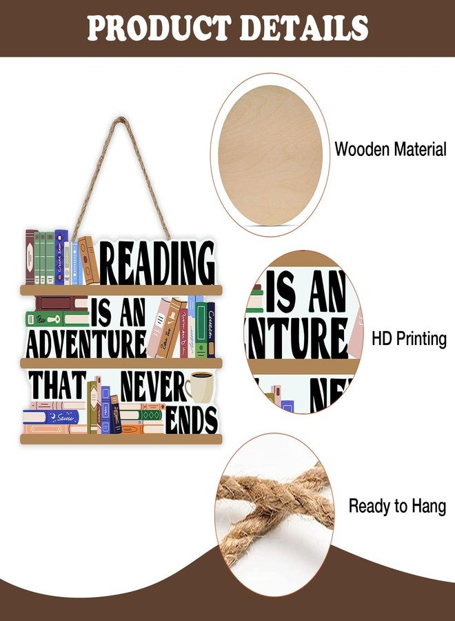 Bolisom Reading is an Adventure that Never End Front Door Sign, Inspirational Reading Corner Wooden Hanger School Classroom Library Home Decor, Wreath Indoor Wall Hanging Decoration Book Lovers Gift - Image 3