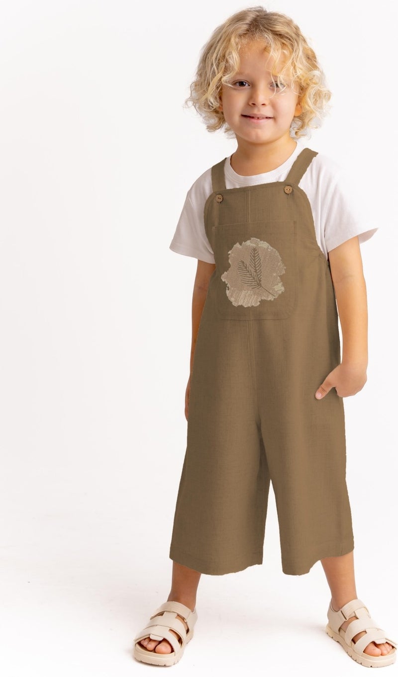 Oliven The Kid Unisex Crochet Embroidered Linen Overalls Caramel - Image 1